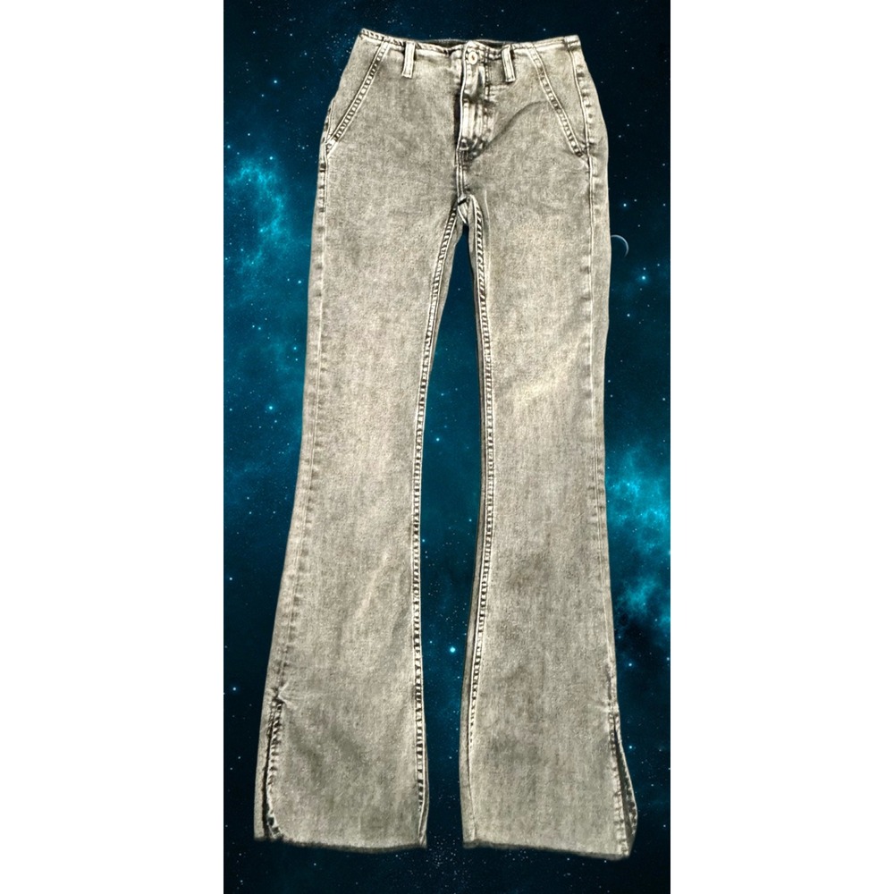 We The Free Free People Penny Flare Jeans Faded Black Acid Wash Side Slit‎ 25